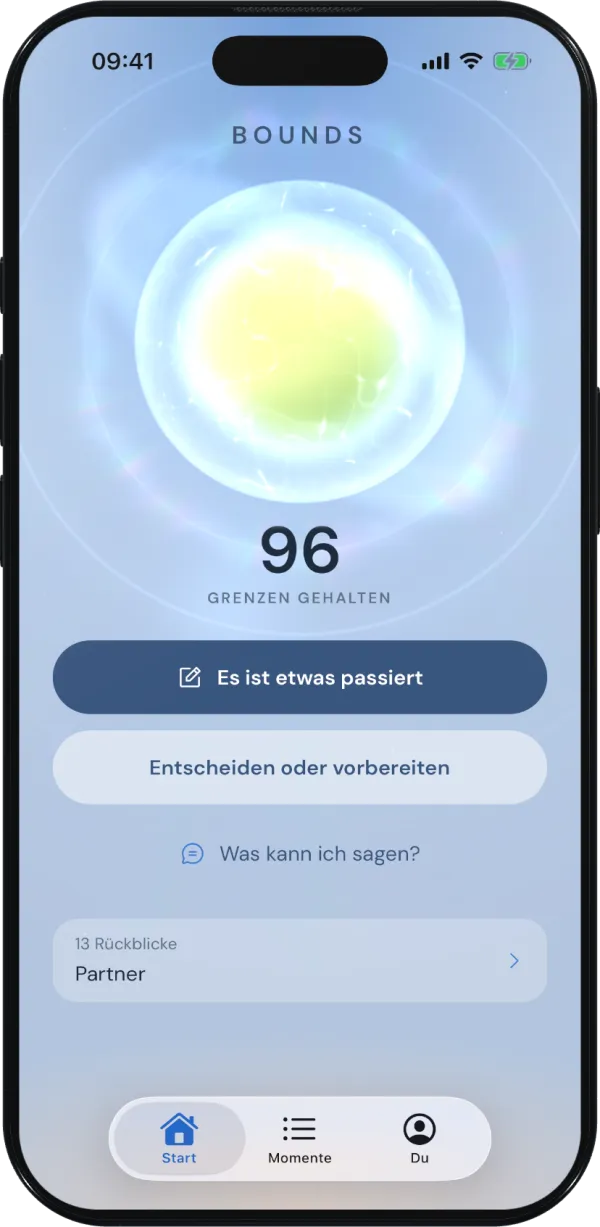 Bounds Startbildschirm mit dem Aura-Orb und Grenz-Zähler