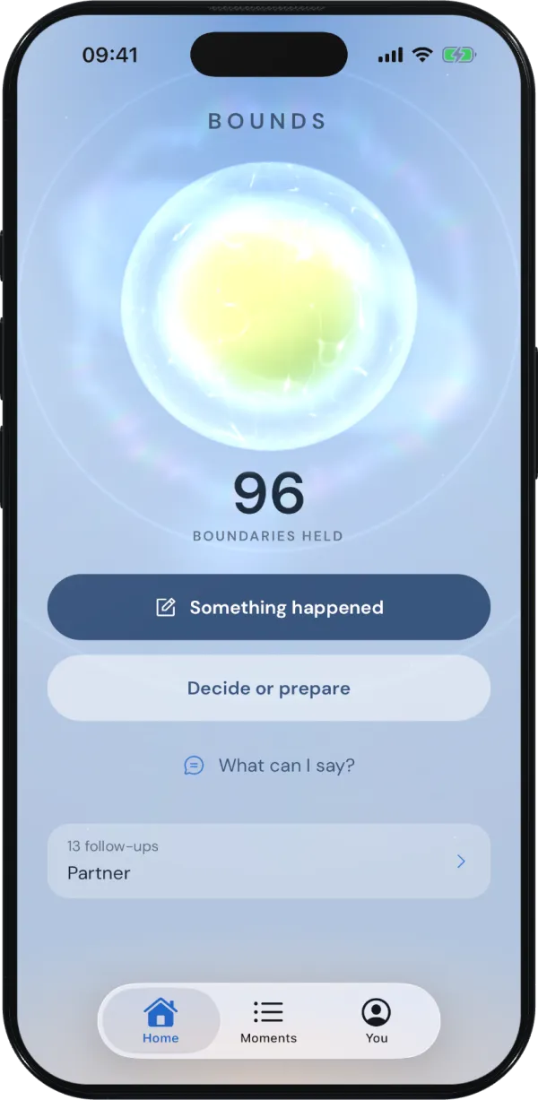 Bounds home screen with the aura orb and boundary counter