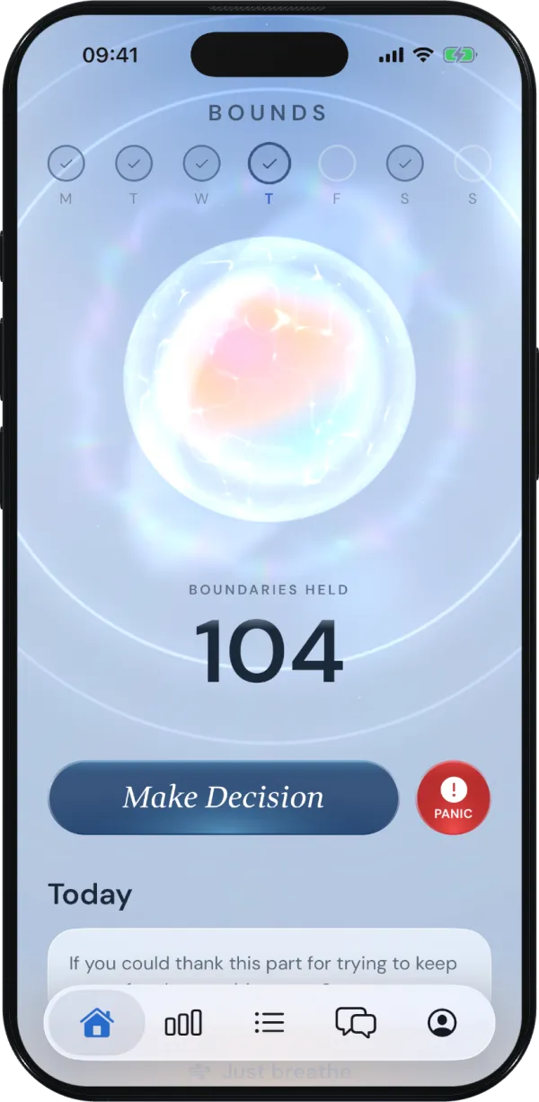 Bounds home screen with the aura orb and boundary counter