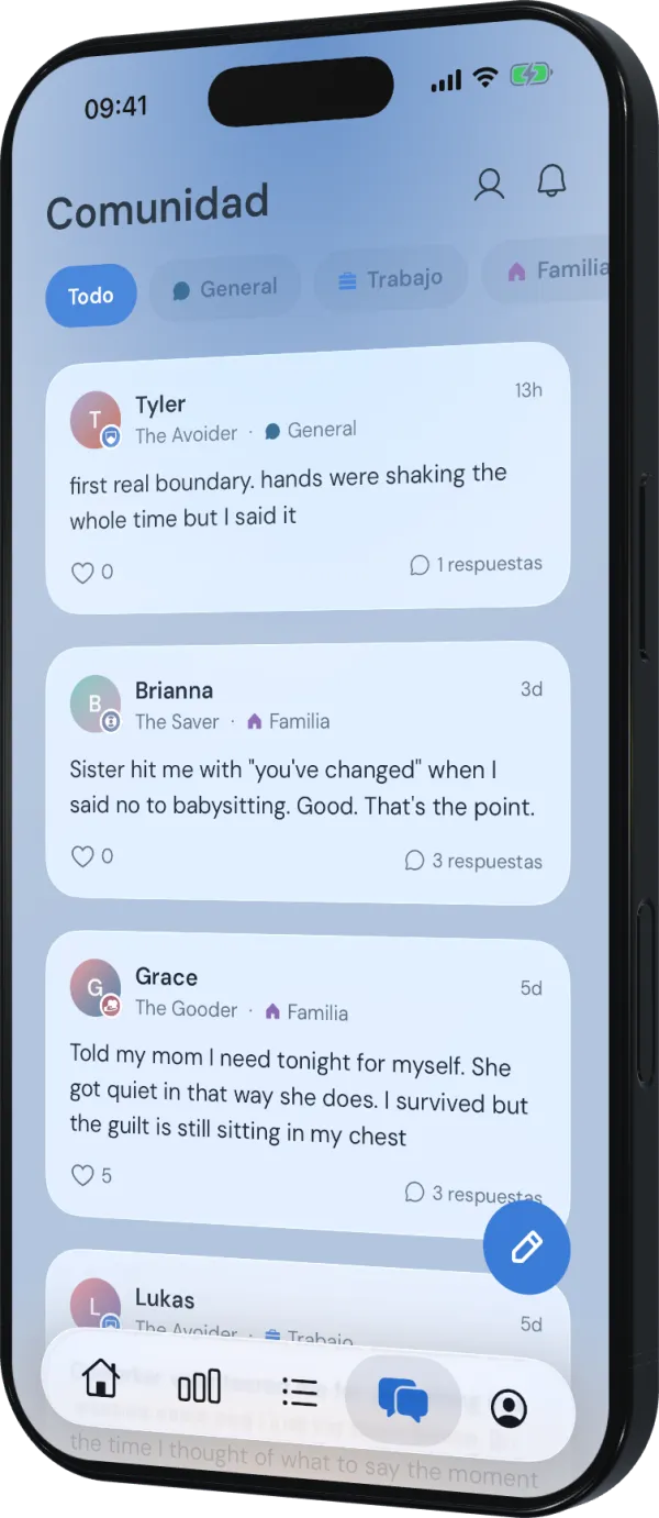 Feed de comunidad donde personas comparten momentos reales de poner límites con familia, amigos y en el trabajo