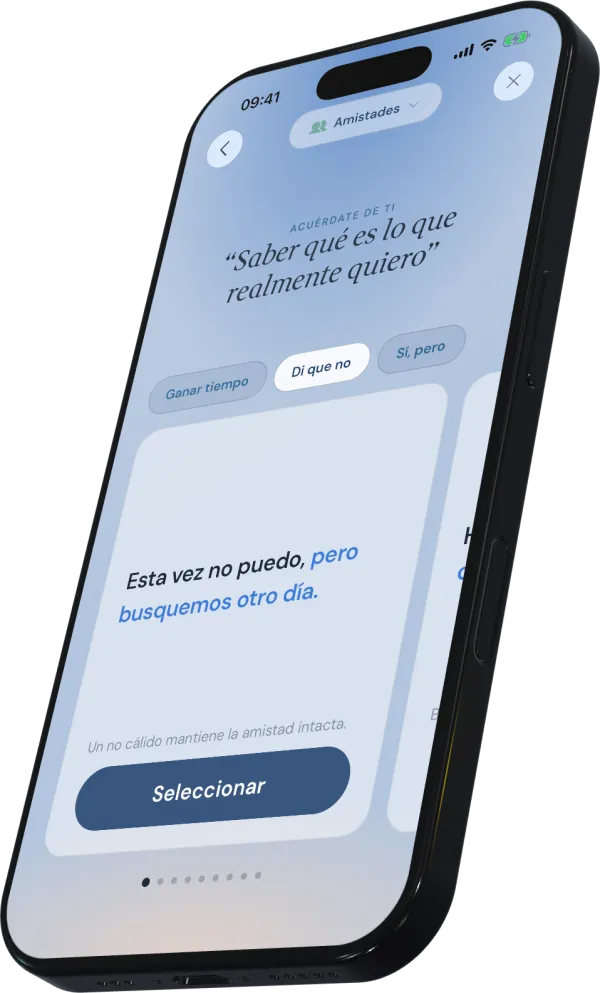 Bounds mostrando frases personalizadas para decir no a amigos, con opciones para ganar tiempo, decir no o poner condiciones