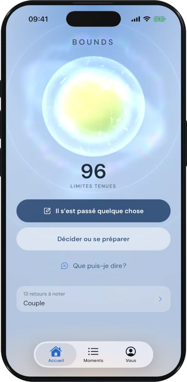 Écran d'accueil de Bounds avec l'aura et le compteur de limites