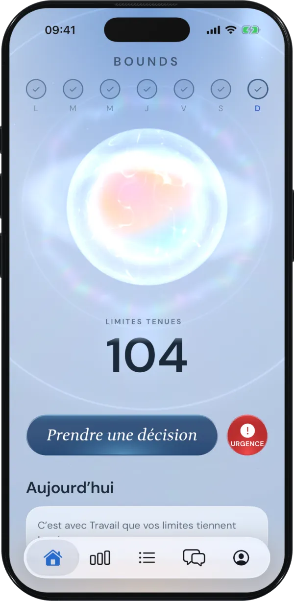 Écran d'accueil de Bounds avec l'aura et le compteur de limites