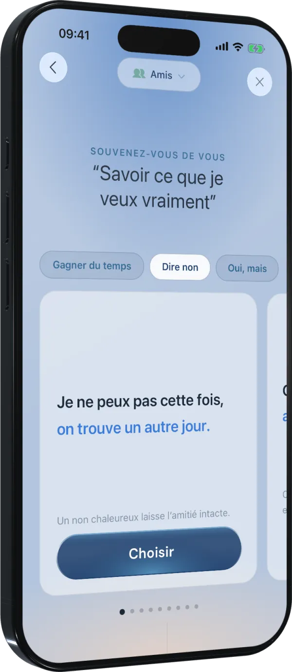 Bounds affichant des phrases personnalisées pour dire non à un ami, avec les options gagner du temps, refuser ou poser une condition