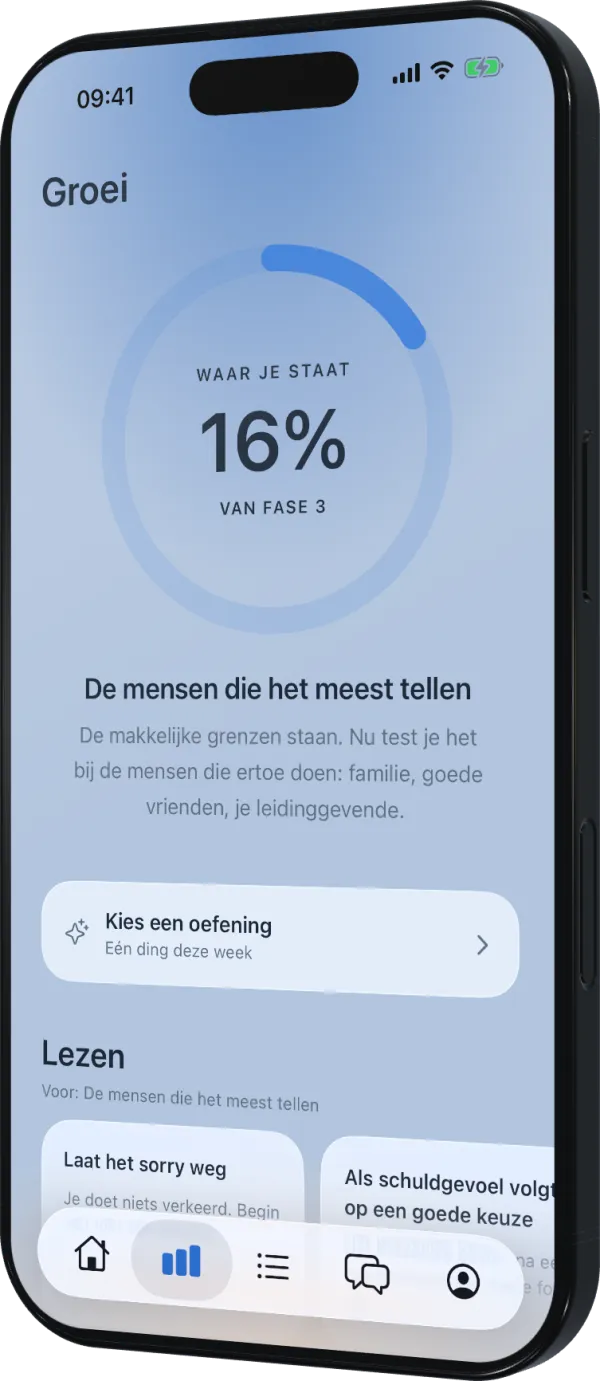 Het groeischerm met herstel op 52%, oefeningen en leesadvies