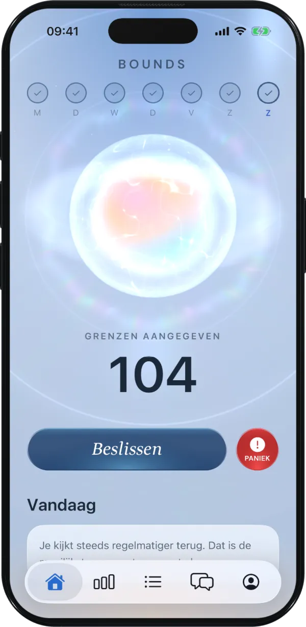 Het startscherm van Bounds met de aura-orb en de grenzenteller