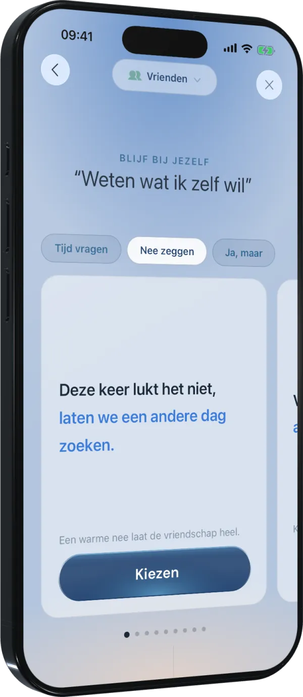 Bounds toont zinnen die bij je passen om nee te zeggen tegen vrienden, met opties om tijd te winnen, af te zeggen of er een voorwaarde aan te hangen